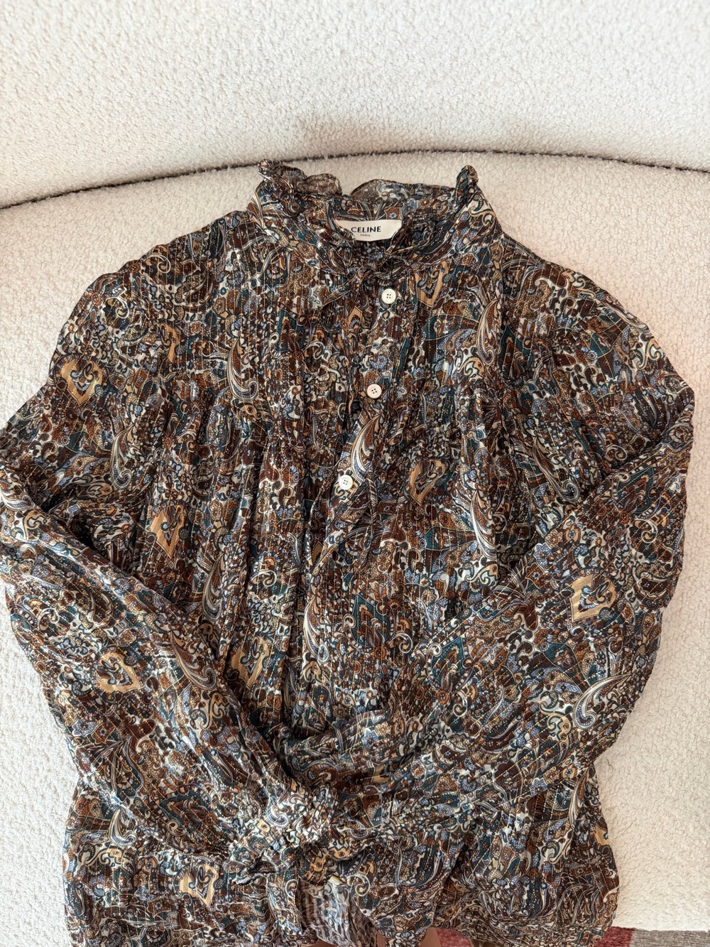 CELINE Paris Silk Metallic Paisley Tie Neck Lured Blouse Top